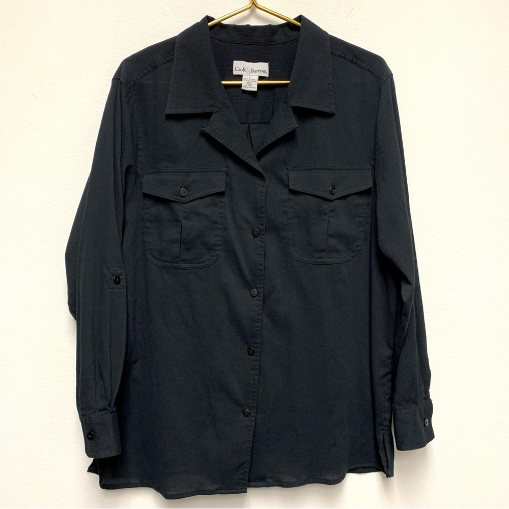 Croft & Barrow Roll Tab Long Sleeve Crinkle Gauze Button Blouse Size Large Black